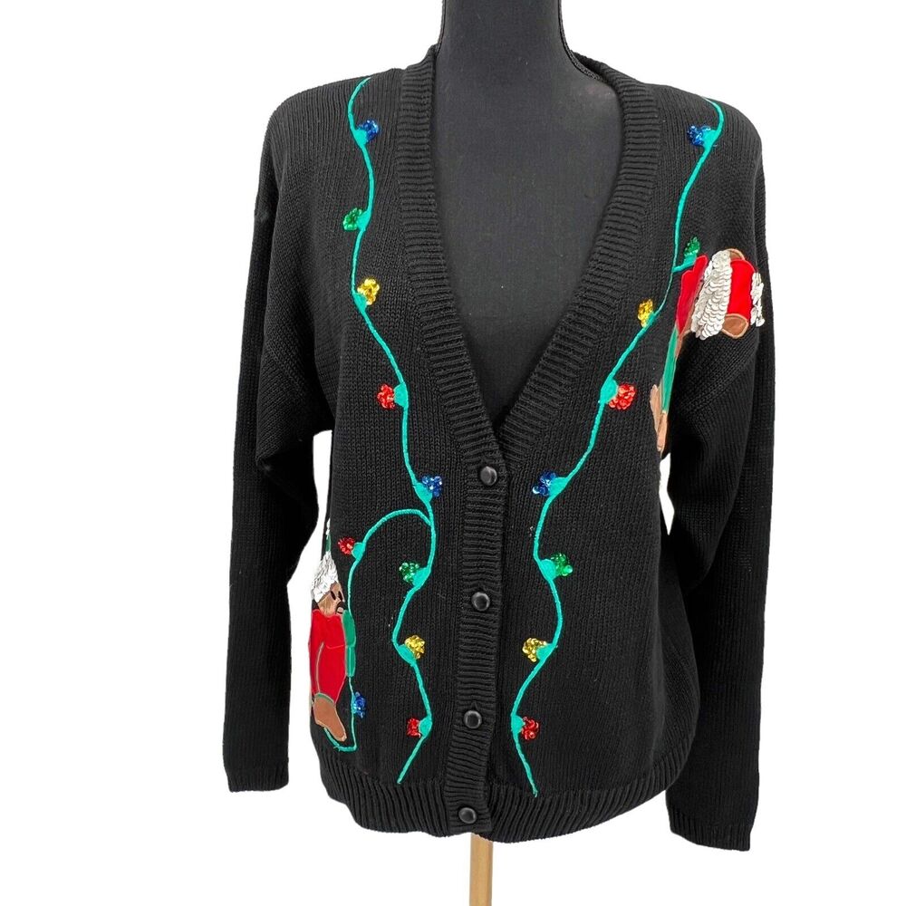 Vintage Herman Geist  Holiday Christmas Teddy Bear‎ Black Sweater Cardigan Women